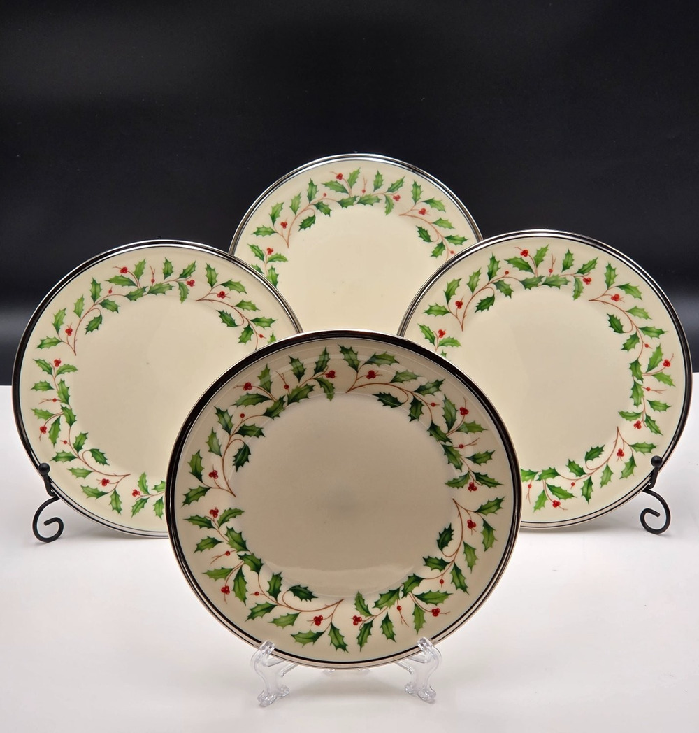 Lenox Holiday Platinum Salad Plates 8" Set of 4 Dimension Collection Holly Berry